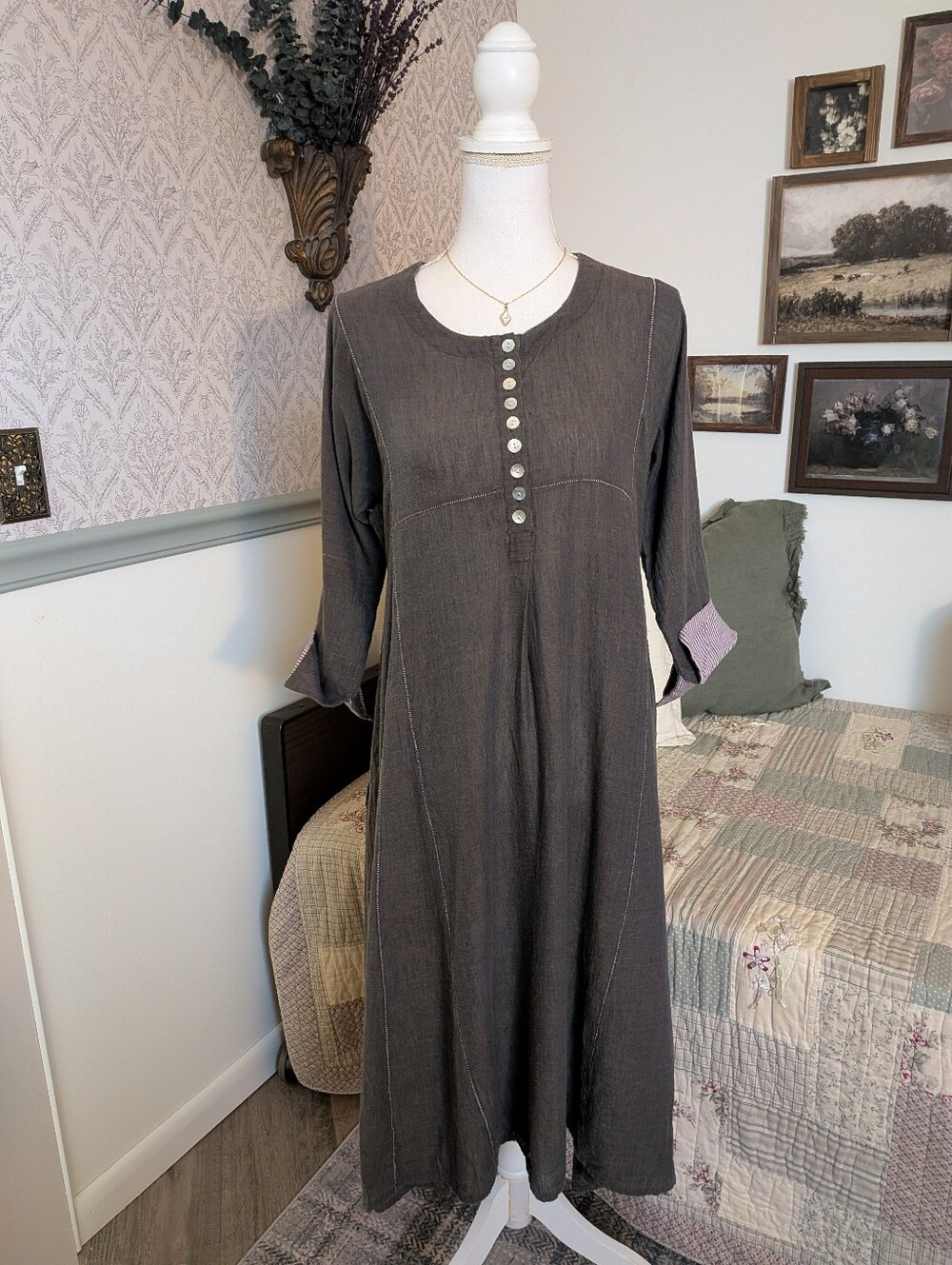 Bamyan Paris S/M Cotton Lagenlook Maxi Dress Shell Buttons Boho $225